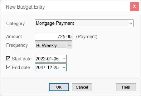 Budget Entry dialog